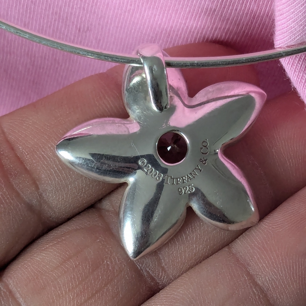 TIFFANY & CO Sterling Silver Pink Tourmaline Flower Pendant Choker Necklace 2003 - Picture 3 of 15